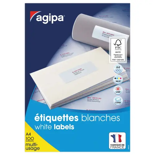 100 Planches d'&eacute;tiquettes A4 multi-usages soit 2100 &eacute;tiquettes blanches 