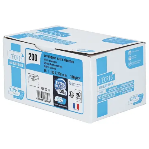 200 Enveloppes extra blanches DL 110x220 100 g bande de protection 