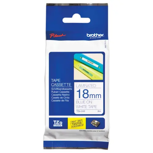 Ruban pour titreuse BROTHER TZE 243 18mm blanc impression bleu 