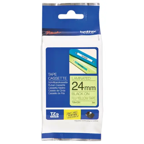 Ruban pour titreuse BROTHER TZE C51 24mm fluo jaune impression noir