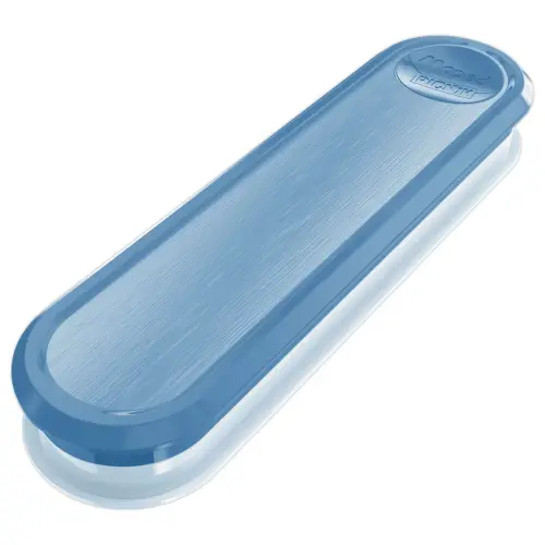 Boîte plastique contenant fourchette, couteau et petite cuillère. Bleu