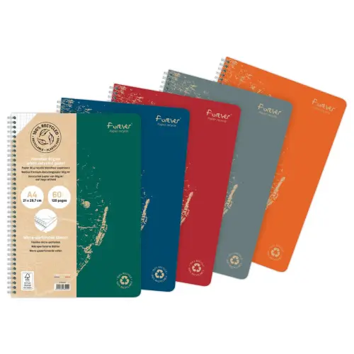 Cahier recyclé à spirales pages A4 ligné.