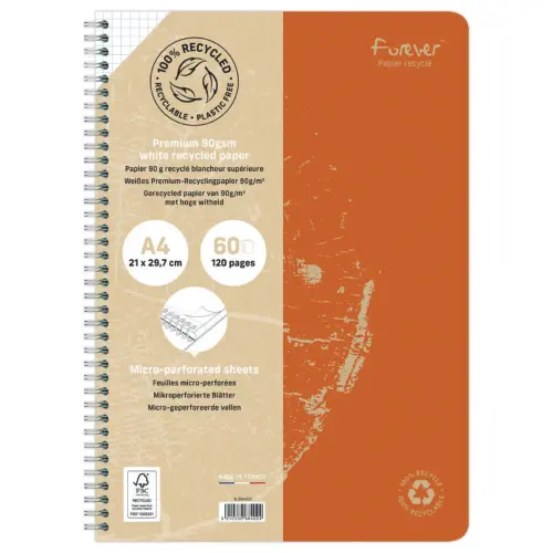 Cahier recyclé à spirales pages A4 ligné.