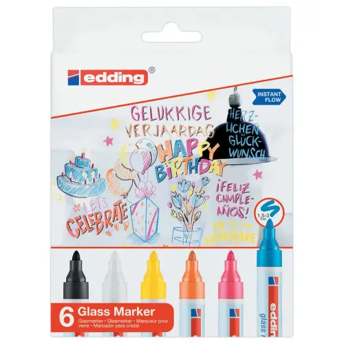 6 Marqueurs effaçables pour surfaces en verre EDDING 95 - Pointe ogive - Coloris assortis