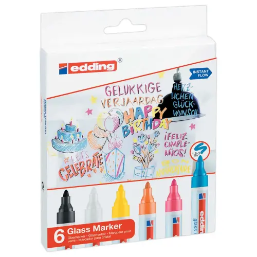 6 Marqueurs effaçables pour surfaces en verre EDDING 95 - Pointe ogive - Coloris assortis