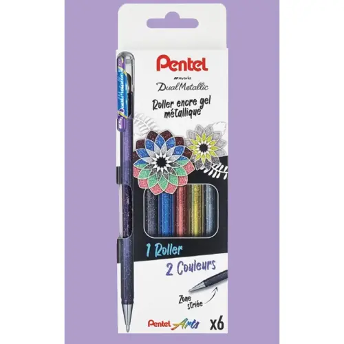 Stylo roller encre gel Pentel DualMetallic - pointe large 1 mm - coloris méttalisés assortis - lot de 6