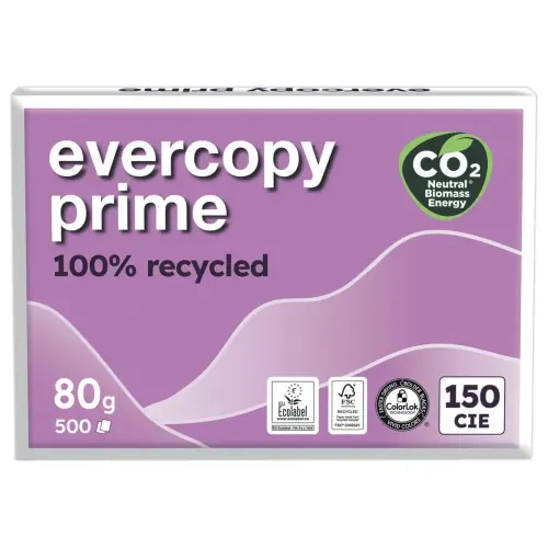 5 Ramettes 500f. de papier recycl&eacute; 100% EVERCOPY PRIME A4 80G 