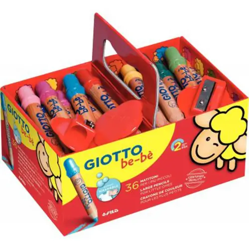 Crayon de couleur GIOTTO be-bè - mine 7mm - lavable à l'eau - coloris assortis - livré avec 3 tailles-crayons - lot de 36