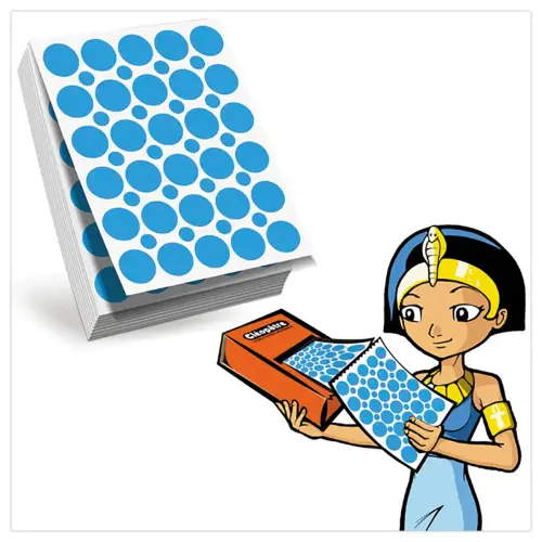Recharge pour distributeur de gommettes Cléopatre - 60 feuilles prédécoupées - gommettes rondes 8mm et 18 mm - bleu