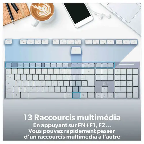 Kit clavier et souris sans fil Classy - 13 raccourcis multim&eacute;dias - R&eacute;cepteur USB unique - Blanc - T'nB 
