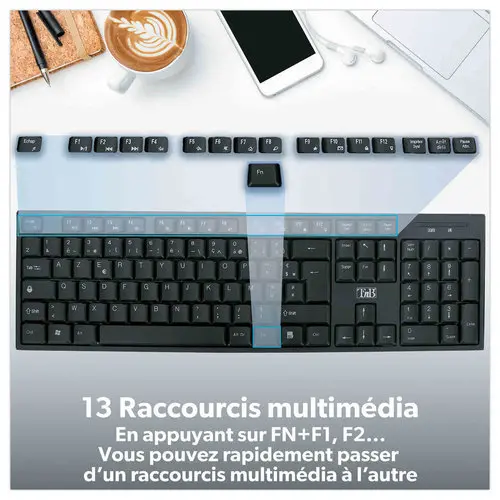Kit clavier et souris sans fil Classy - 13 raccourcis multimédias - Récepteur USB unique - Noir - T'nB
