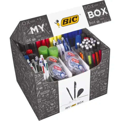 Coffret Bic de 124 produits d'écriture : 75 Stylos-Bille, 24 Porte-Mines, 8 Rubans Correcteurs, 7 Marqueurs, 8 Surligneurs et 2 Bâtons de Colle Blanche (21gr)