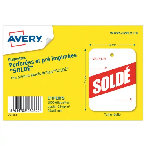 1000 Etiquettes perforées pré-imprimées "soldé" 49x65 mm 1000étiq/boîte