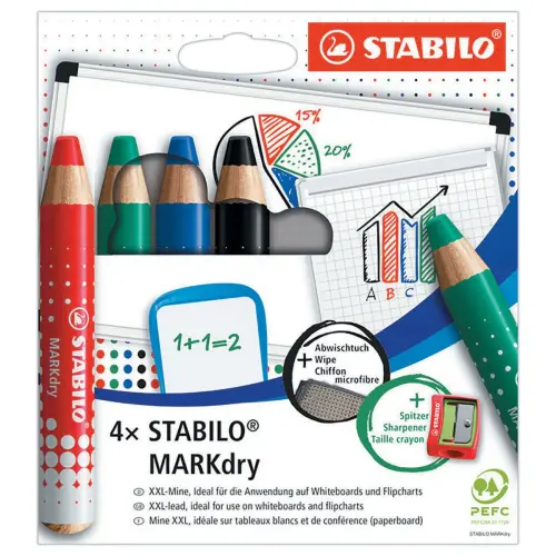 4 Crayons effa&ccedil;ables &agrave; sec MARKdry + chiffonnette + taille-crayon - STABILO 