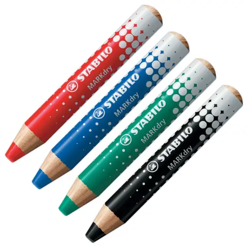 4 Crayons effa&ccedil;ables &agrave; sec MARKdry + chiffonnette + taille-crayon - STABILO 