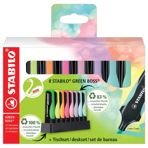 8 Surligneurs GREEN BOSS - Pointe biseautée - Set de bureau - STABILO