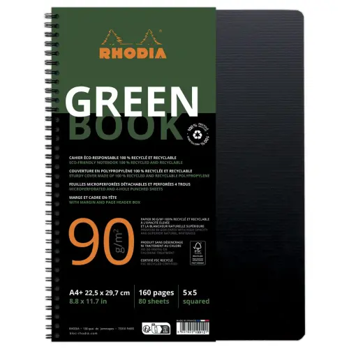 Cahier polypropylène recyclé - 160 pages- A4+ 5x5 - Noir - RHODIA