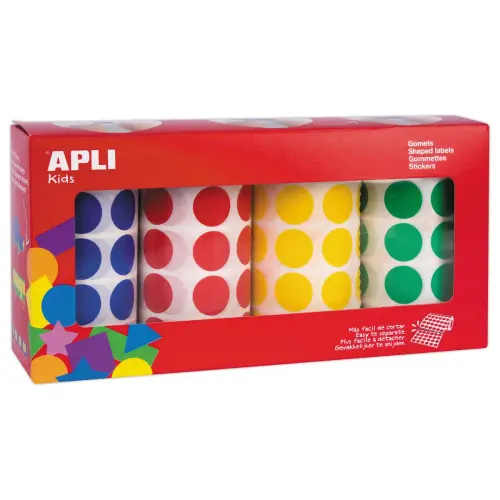 Gommette adhésive Apli - forme ronde Ø20mm - 4 couleurs 7080 gommettes - lot de 4 rouleaux