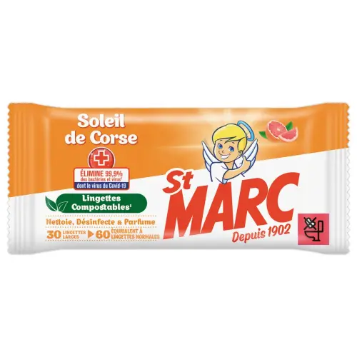 30 Lingettes antibact&eacute;riennes - Parfum Soleil de Corse - St-Marc 