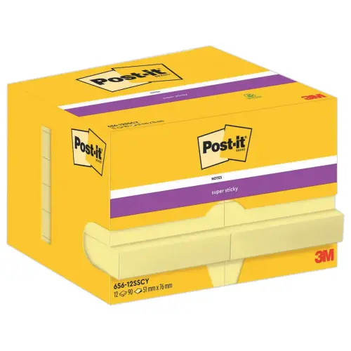 12 Notes Super Sticky 5,1 x 7,6 cm 90F Jaune Pastel