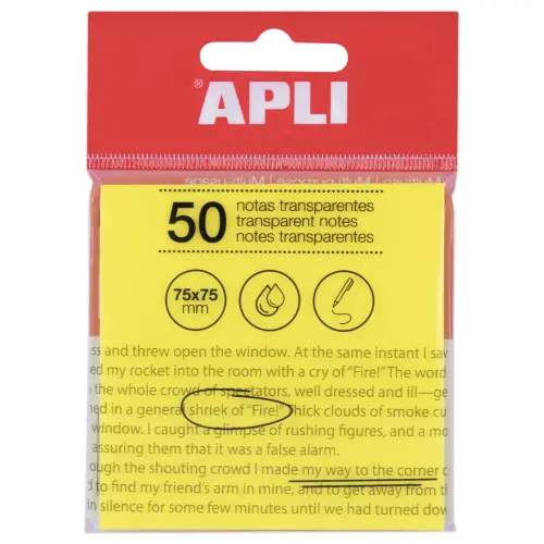 Paquet 50 feuilles de notes adhésives transparentes de 75x75 mm jaunes