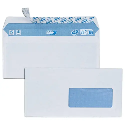 50 Enveloppes blanches bande siliconée - DL 110x220 - 80 g/m² - Fenêtre 45x100 - GPV
