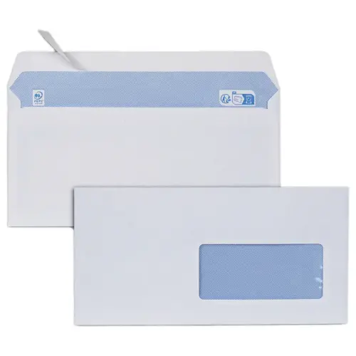 500 enveloppes blanches 110x220 mm 75g fenêtre 45x100 bande siliconée