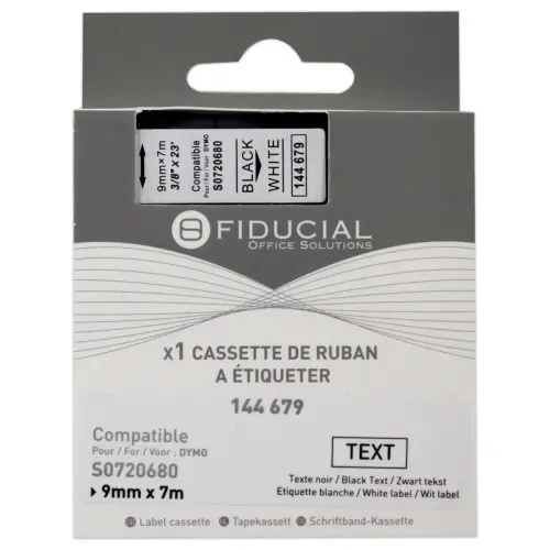 Ruban K7 pour titreuse DYMO S0720680 9mm impression Noir sur Blanc
