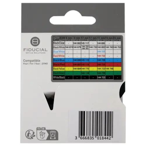 Ruban K7 pour titreuse DYMO S0720680 9mm impression Noir sur Blanc