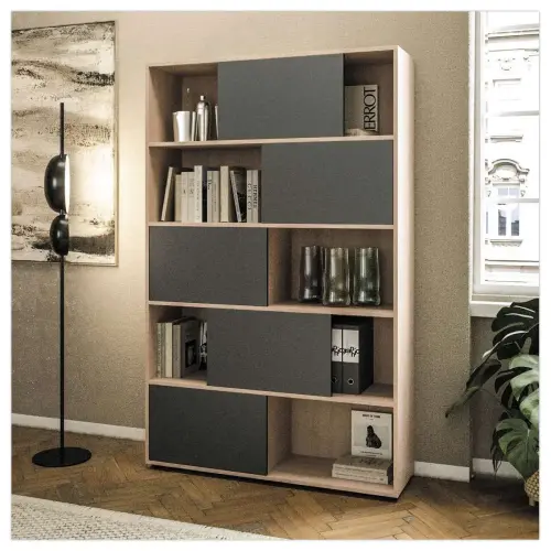 Bibliothèque chêne 10 cases 5 portes anthracite montée