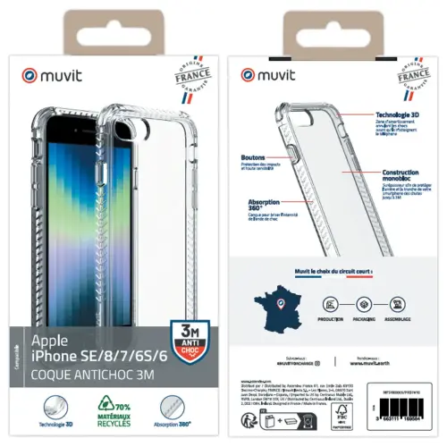 Coque pour IPhone SE/8/7/6S/6 avec c&ocirc;t&eacute;s renforc&eacute;s - Souple - Transparente - MUVIT 
