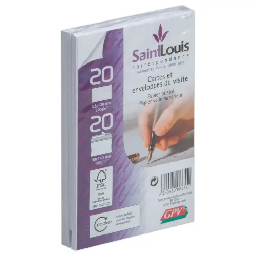 20 cartes Bristol 82x128 220g + enveloppes blanches 90x140 100 g/m²