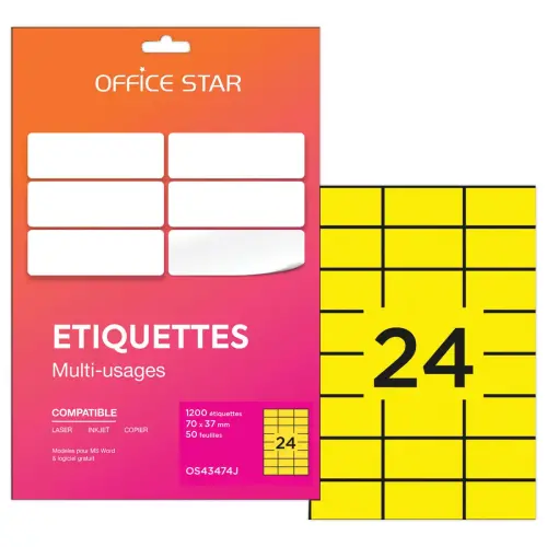 50 planches étiquettes L70xH37mm, 1200 étiq/ boîte, jaune