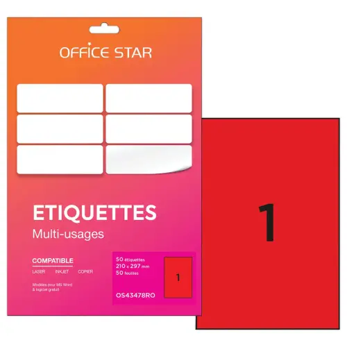 50 planches étiquettes L210xH297mm, 50 étiq/ boîte, rouge