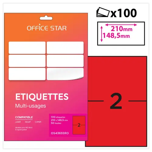 50 planches étiquettes L210xH148mm, 100 étiq/ boîte, rouge
