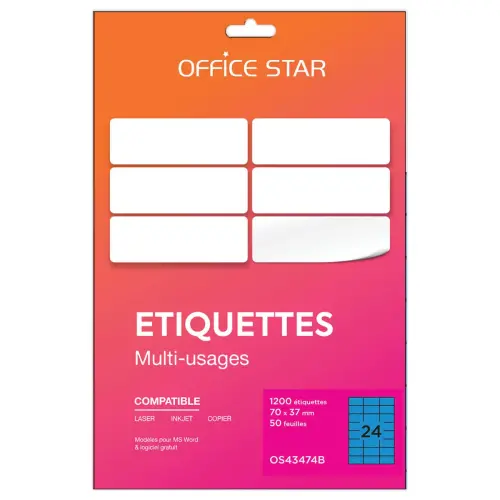 50 planches &eacute;tiquettes L70xH37mm, 1200 &eacute;tiq/ bo&icirc;te, bleu 