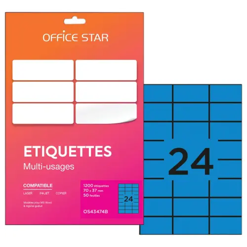 50 planches &eacute;tiquettes L70xH37mm, 1200 &eacute;tiq/ bo&icirc;te, bleu 