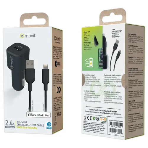 Chargeur voiture 12 W + Câble lightning 1.2 M - Entrée 12-24 V. - MUVIT