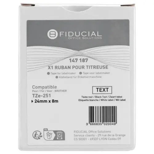 Ruban comp BROTHER TZE 251 24mm blanc impression noire 