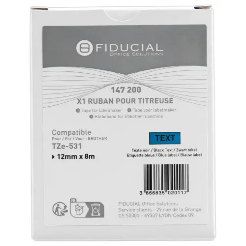 Ruban comp BROTHER TZE 531 12mm bleu impression noire 