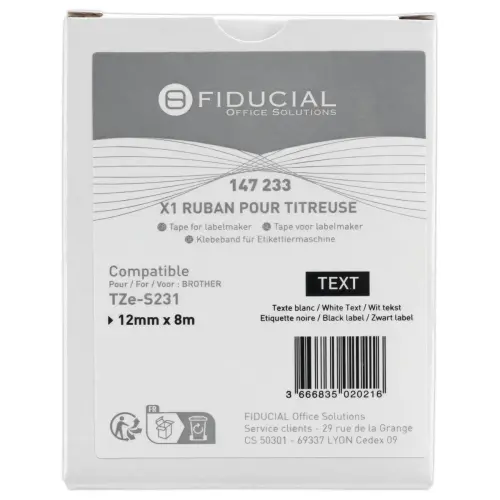 Ruban comp BROTHER TZSE 231 12mm blancimpression noire LAM 