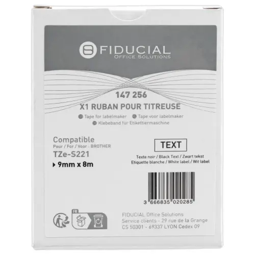 Ruban comp BROTHER TZE S221 cassette 9mm noir / blanc