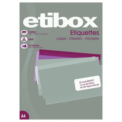 100 Planche d'&eacute;tiquettes ETIBOX coins droits 210x297mm 100 &eacute;tiq/bo&icirc;t 