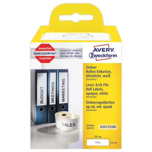 Rouleau de 110 &eacute;tiquettes blanches 190x59 mm pour DYMO LW450 