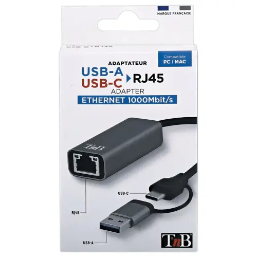 Adaptateur USB vers RJ45 &ndash; 1 GBPS &ndash; Gris &ndash; T&rsquo;nB 