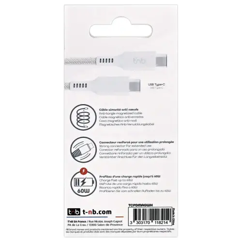C&acirc;ble USB-C/USB-C magn&eacute;tique - Blanc - T'NB 