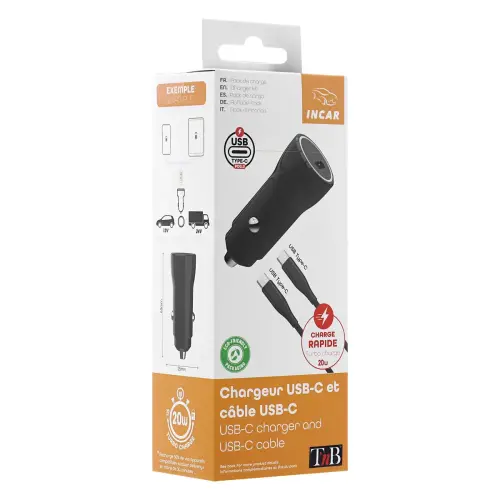 Chargeur voiture USB-C + câble type C 1M