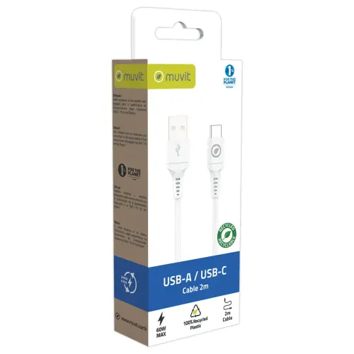 C&acirc;ble de charge USB-A/USB-C en plastique recycl&eacute; 2 m - Blanc 