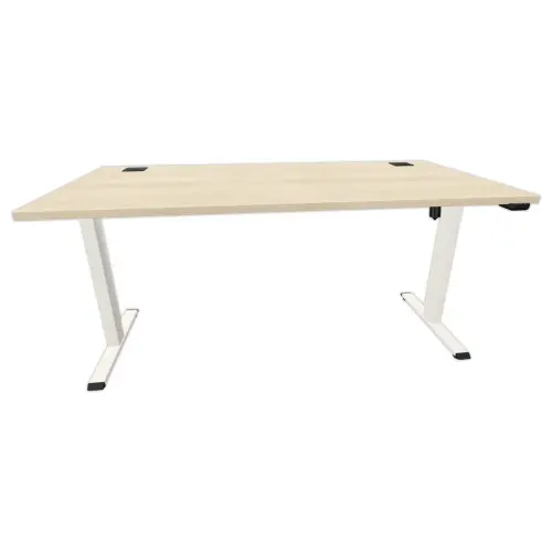 Bureau &eacute;lectrique Eco &ndash; 160 x 80 cm &ndash; Plateau acacia et pieds blancs &ndash; Livr&eacute; mont&eacute; 
