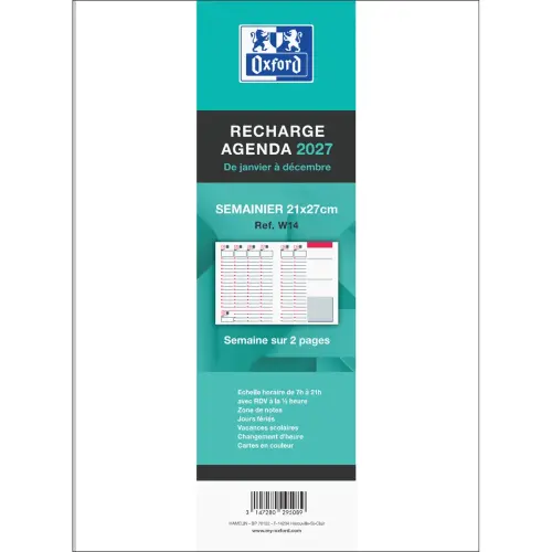 Recharge agenda janvier-décembre semainier Oxford Cousue 21 x 27 cm
